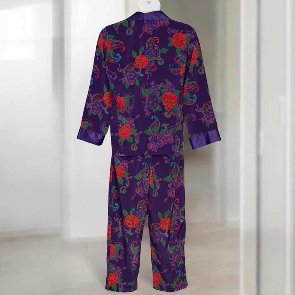 Vintage 80s Victoria’s Secret Purple Satin Pajama Lounge Set Sz L Paisley Floral - Picture 6 of 6